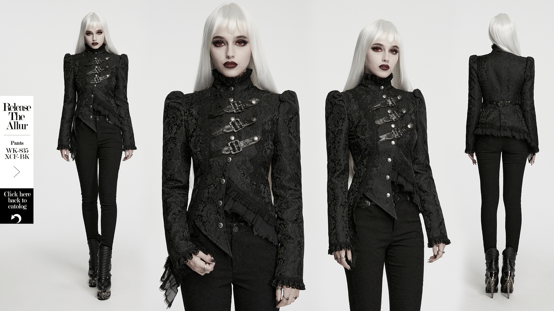 Gothic Jacquard Asymmetric Jacket with Lace Details showcased on model, featuring gothic patterns and layered design.