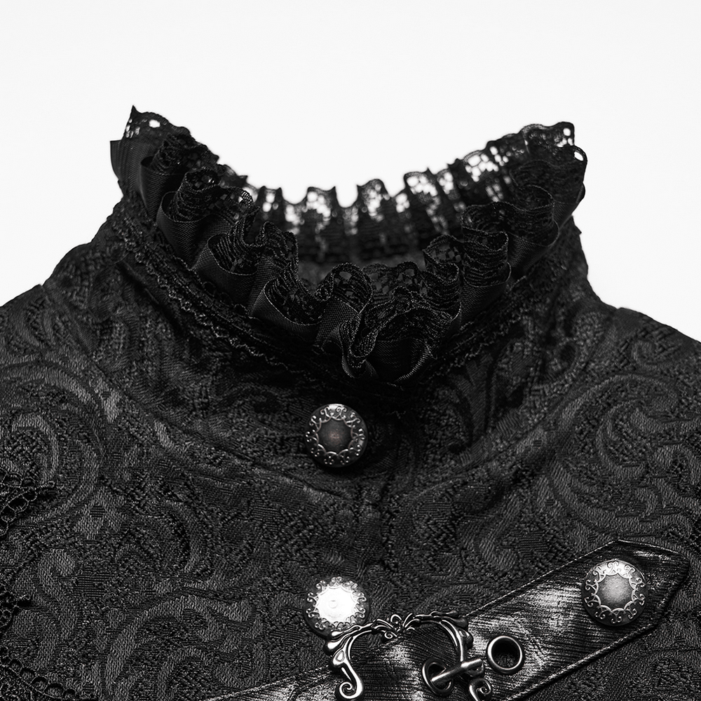 Gothic Jacquard Asymmetric Jacket with Lace Details close-up of ruffled collar and button embellishments.