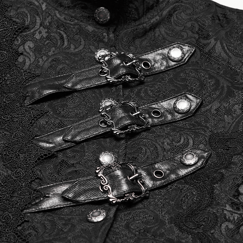 Gothic Jacquard Asymmetric Jacket with Lace Details featuring ornate buckles and intricate lace fabric.