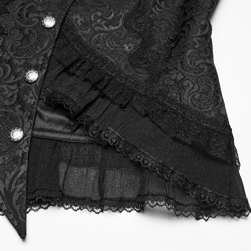 Gothic Jacquard Asymmetric Jacket with Lace Details showcasing intricate lace and ruffled accents.