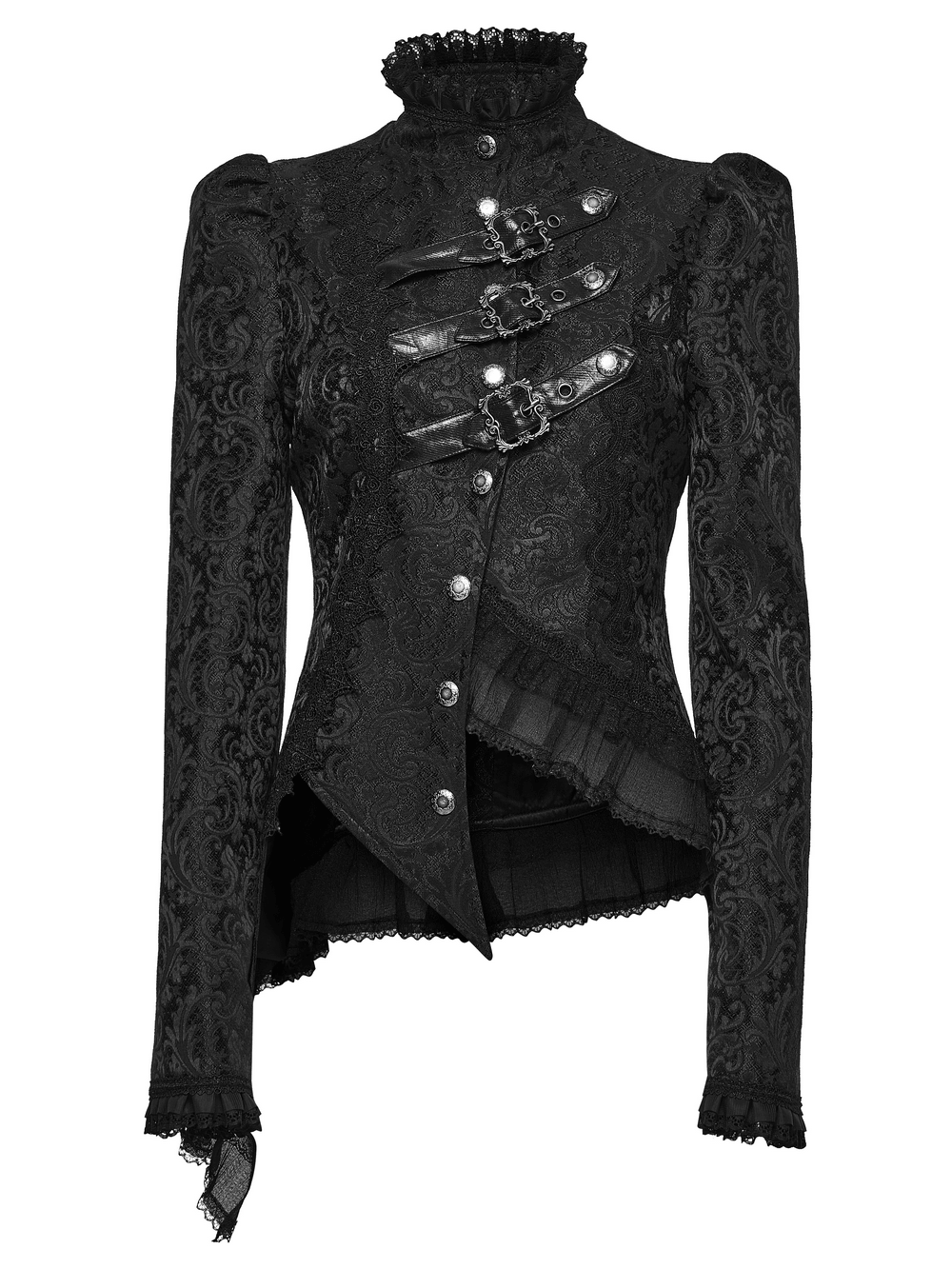 Gothic Jacquard Asymmetric Jacket with Lace Details featuring layered design and faux leather straps.