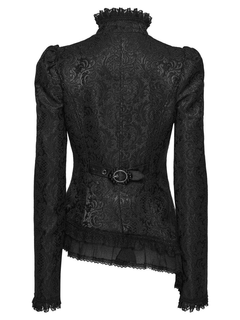 Gothic Jacquard Asymmetric Jacket with Lace Details featuring a layered back and ruffled collar.
