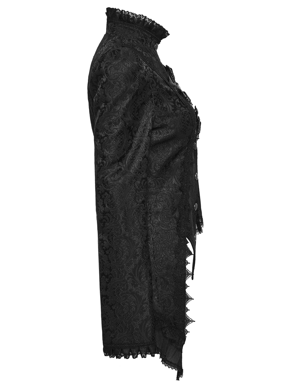 Gothic Jacquard Asymmetric Jacket with Lace Details side view showcasing intricate jacquard fabric and lace.