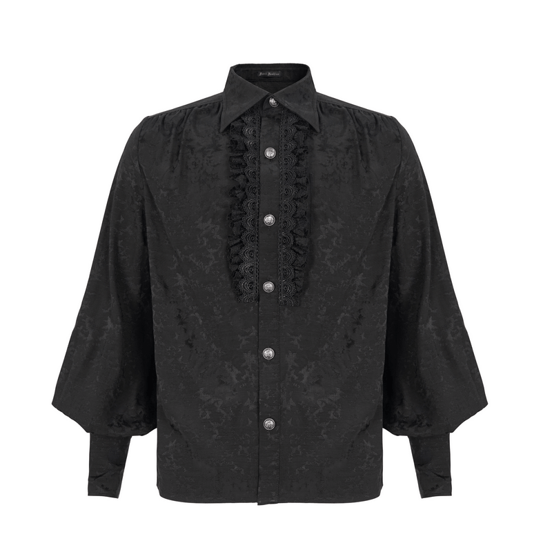 Gothic black shirt with lace ruffles and long lantern sleeves for men, perfect for vintage style lovers.