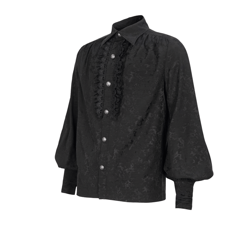 Gothic black shirt with lace ruffles and long lantern sleeves, perfect for vintage-inspired fashion.