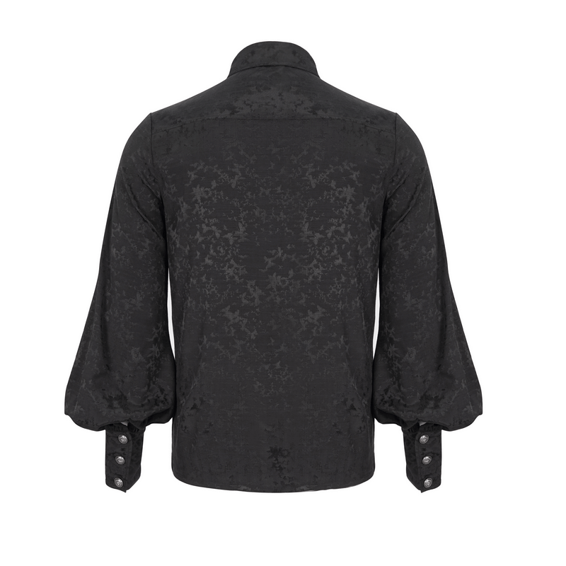 Back view of Gothic Jacquard black shirt with lace ruffles and long lantern sleeves.