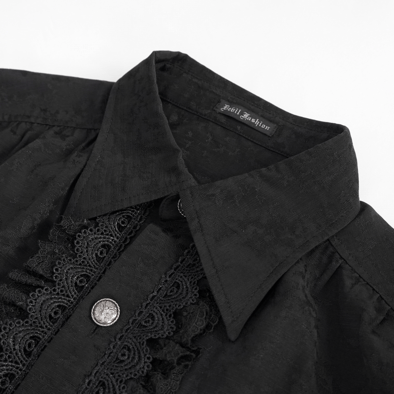 Gothic black shirt with lace ruffles and button detail, showcasing vintage style and elegance for men.