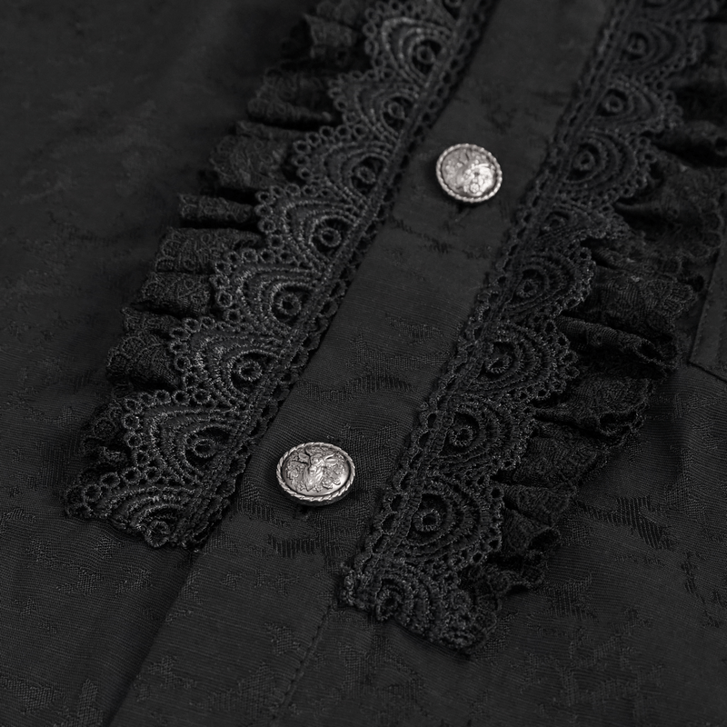 Close-up of gothic black shirt featuring lace ruffles and decorative buttons, perfect for a vintage-inspired look.