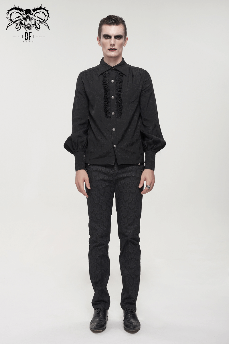 Gothic black shirt with lace ruffles and lantern sleeves, modeled by a male, showcasing vintage elegance.