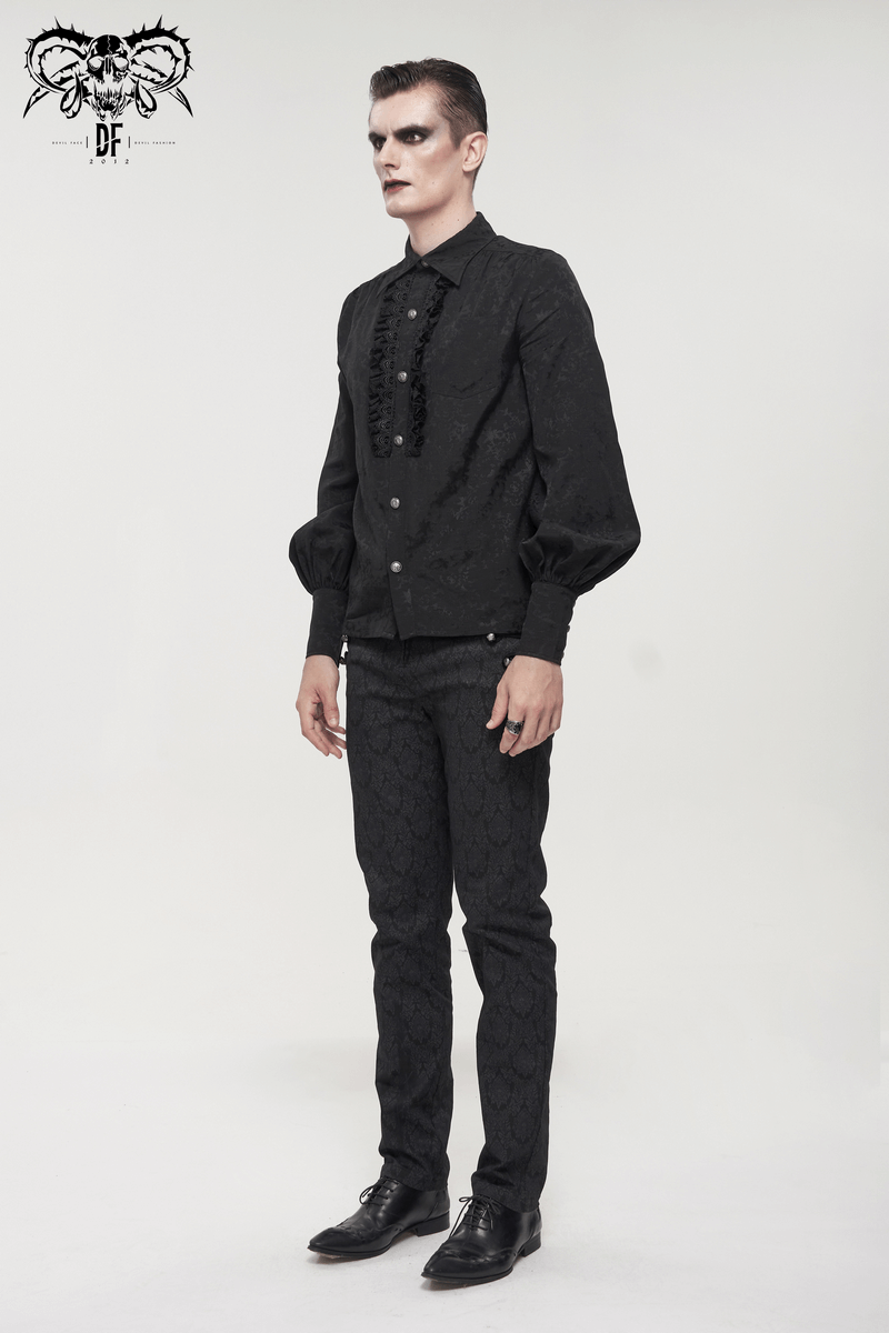 Elegant black gothic shirt with lace ruffles, featuring long lantern sleeves and vintage style, worn by a male model.