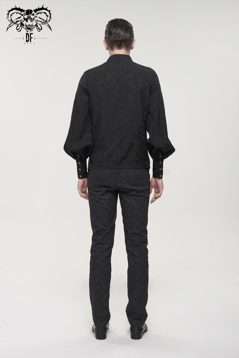 Back view of a gothic black shirt with lace ruffles and long lantern sleeves, showcasing vintage elegance.