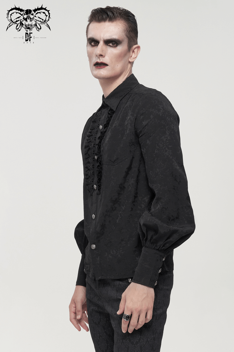 Gothic Jacquard Black Shirt with Lace Ruffles / Male Long Lantern Sleeves Shirt - HARD'N'HEAVY