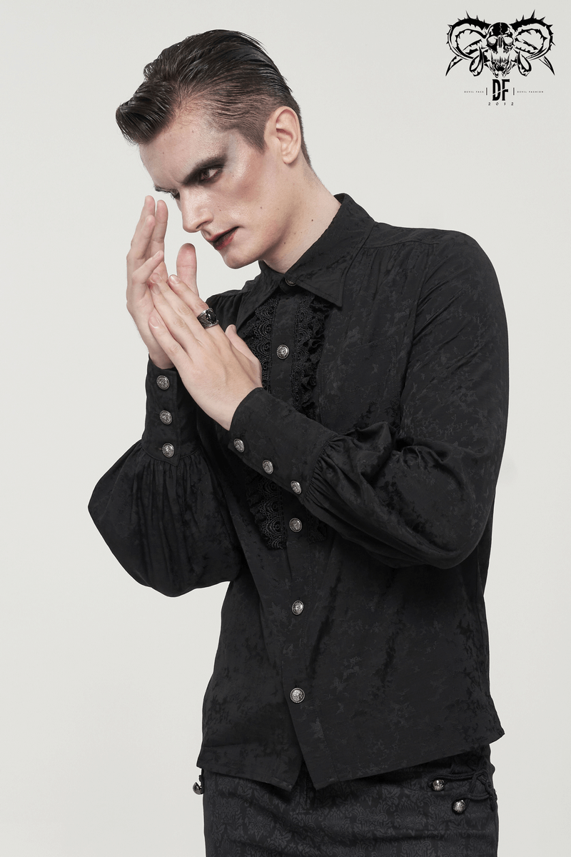 Gothic black shirt for men with lace ruffles, featuring long lantern sleeves and vintage style.
