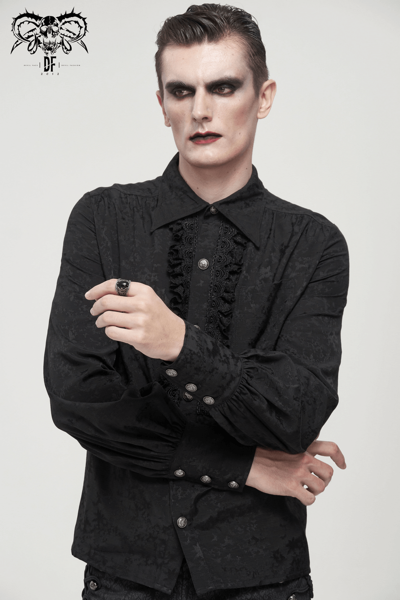 Gothic black shirt with lace ruffles, showcasing a model in vintage style and long lantern sleeves. Perfect for gothic fashion.