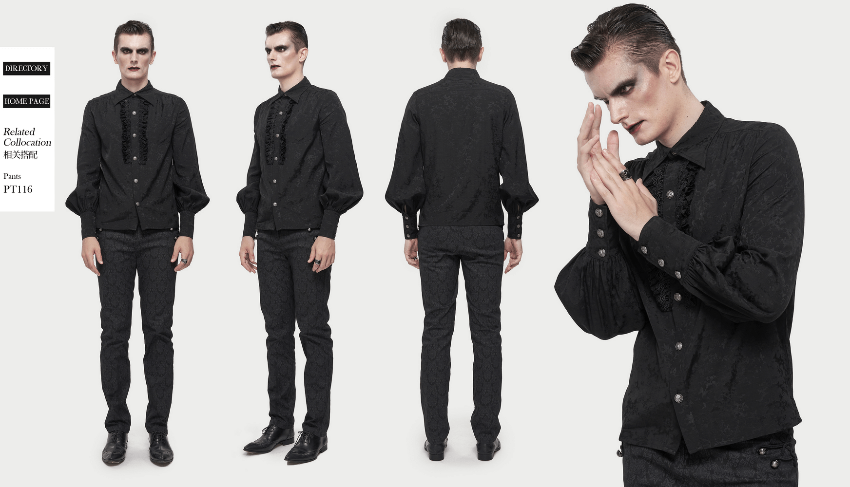 Gothic black shirt with lace ruffles, featuring long lantern sleeves and vintage style for men.