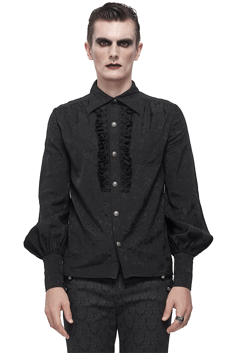 Gothic Jacquard Black Shirt with Lace Ruffles / Male Long Lantern Sleeves Shirt - HARD'N'HEAVY