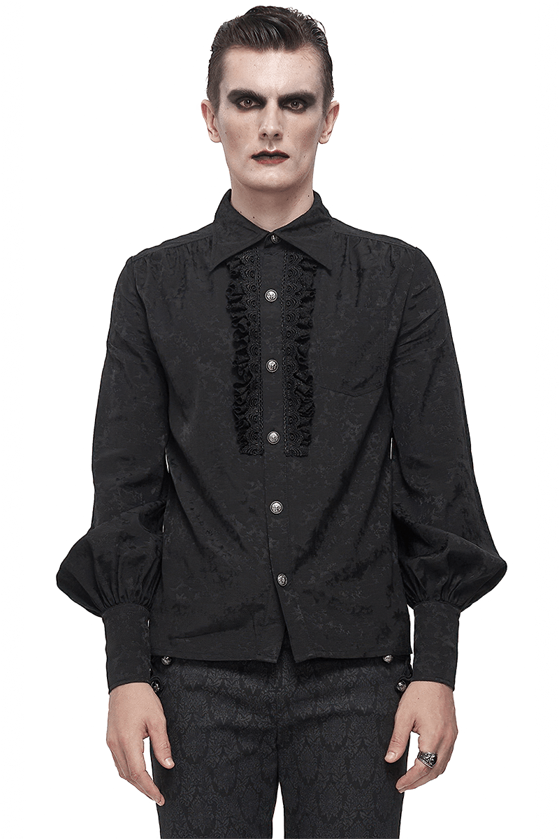 Elegant gothic black shirt with lace ruffles and long lantern sleeves for men, perfect for vintage style outfits.