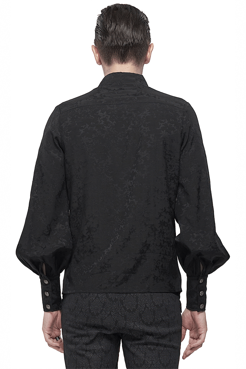 Back view of a Gothic black shirt with lace ruffles and long lantern sleeves for men.