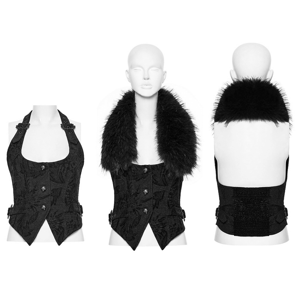 Gothic jacquard denim vest with detachable fur collar, halter neck, and adjustable waist, ideal for alternative fashion.