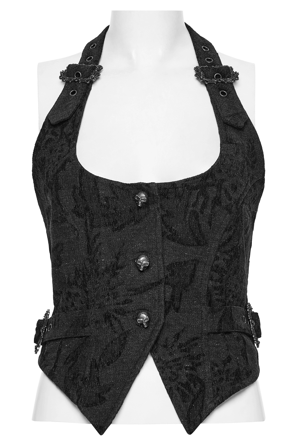 Gothic jacquard denim vest with halter neck design and detachable fur collar, featuring antique bronze buttons.