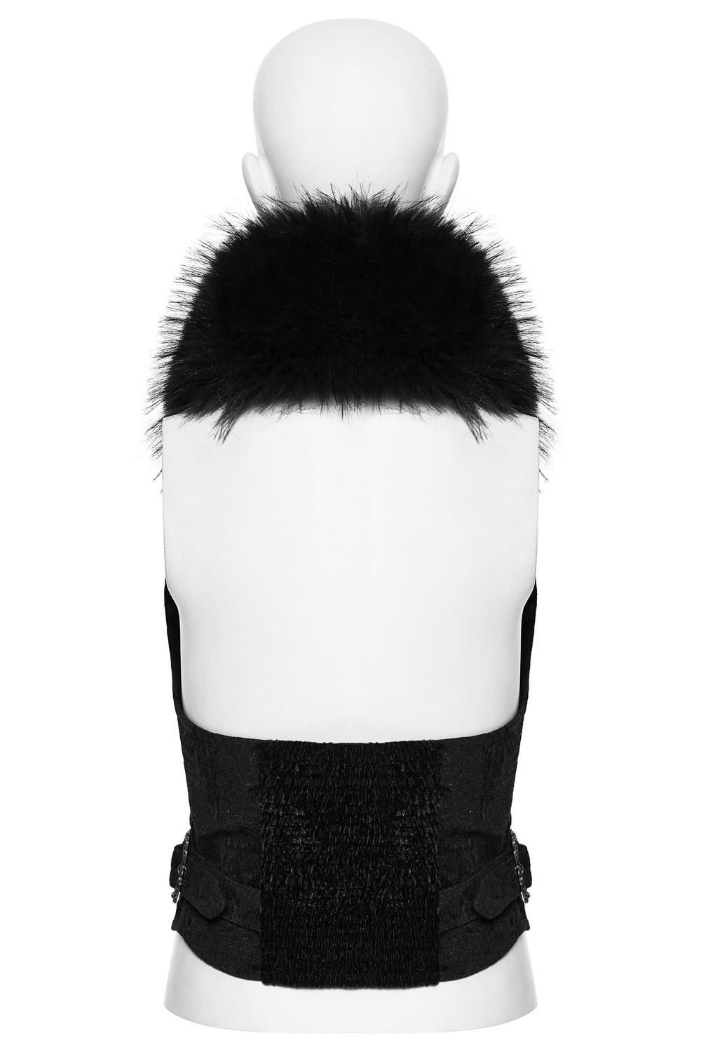 Back view of a Gothic jacquard denim vest with detachable fur collar, showcasing halter neck design and adjustable waist.