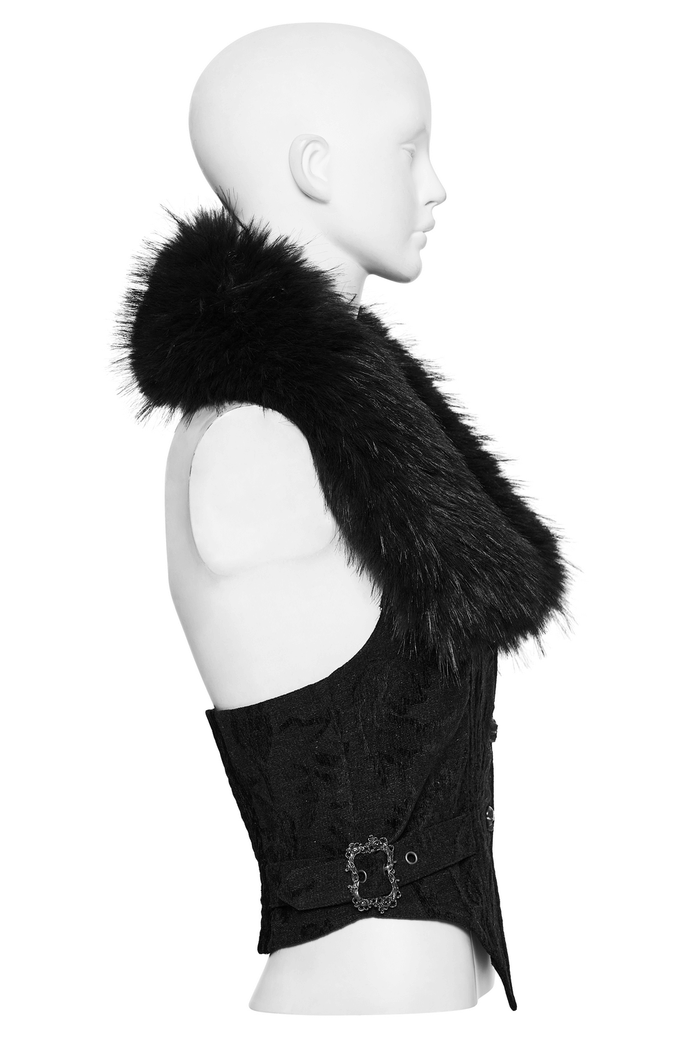 Side view of a Gothic Jacquard Denim Vest with detachable fur collar, featuring halter neck and antique bronze buttons.