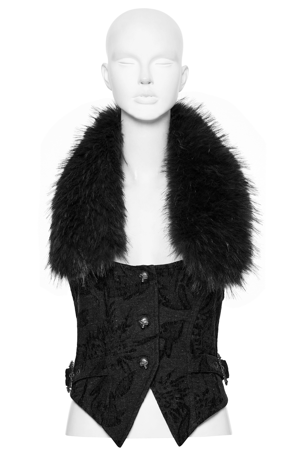 Gothic jacquard denim vest with detachable fur collar and antique bronze buttons, perfect for alternative fashion layering.