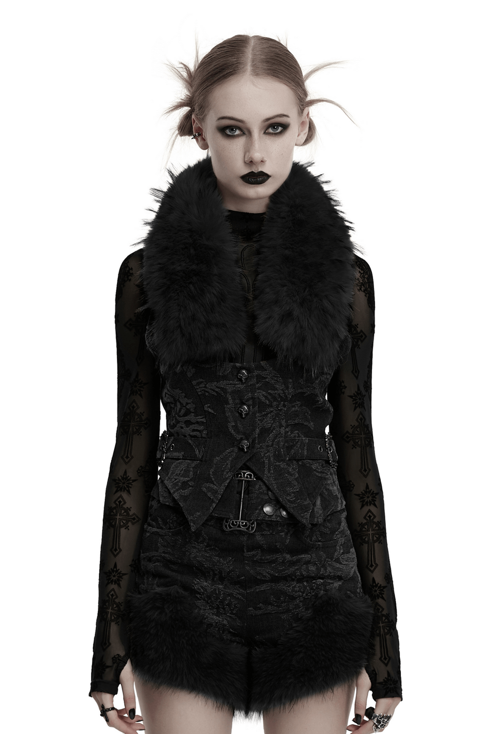 Gothic jacquard denim vest with detachable fur collar, perfect for alternative fashion layering.