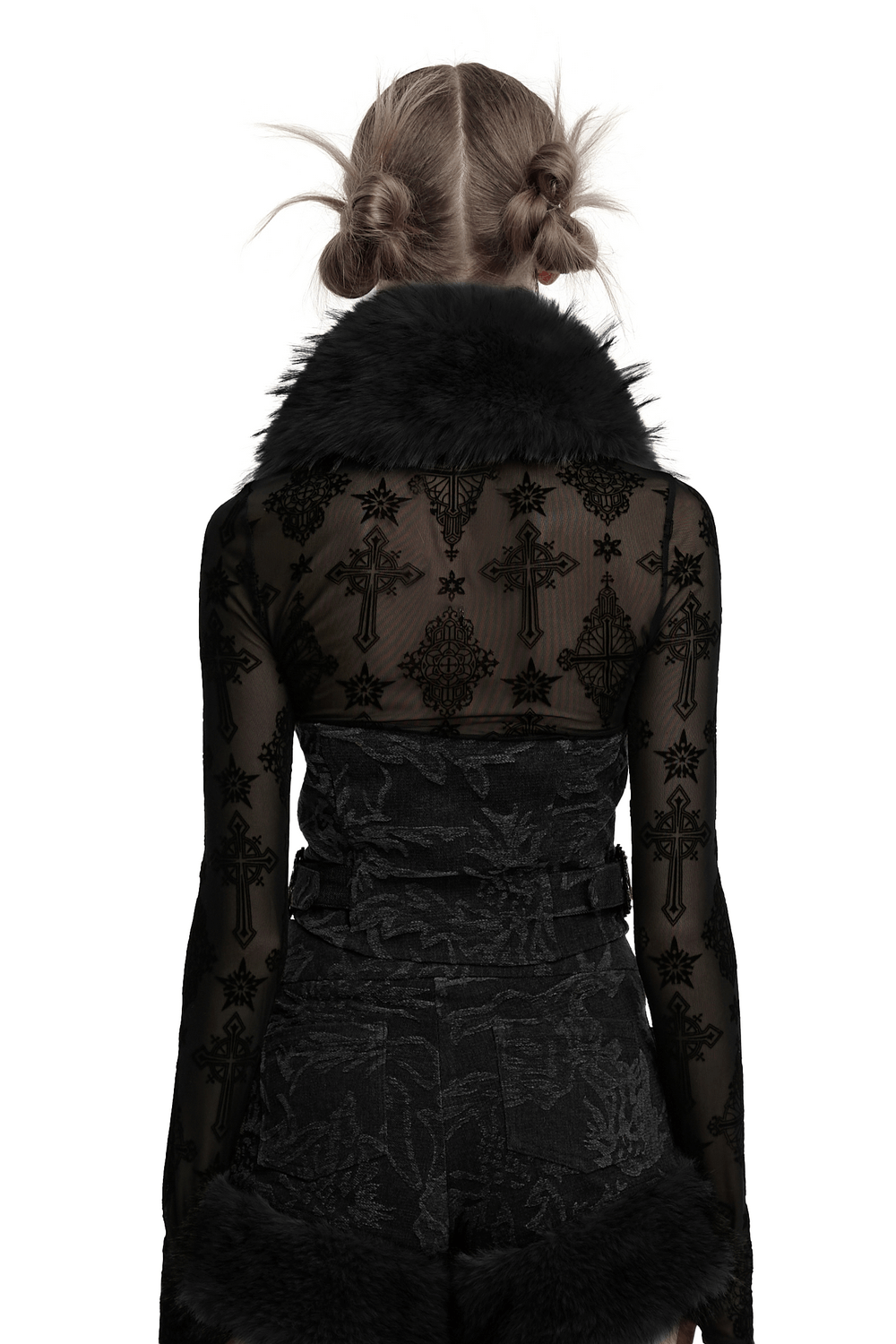 Back view of Gothic Jacquard Denim Vest with Detachable Fur Collar, showcasing intricate patterns and stylish halter neck.