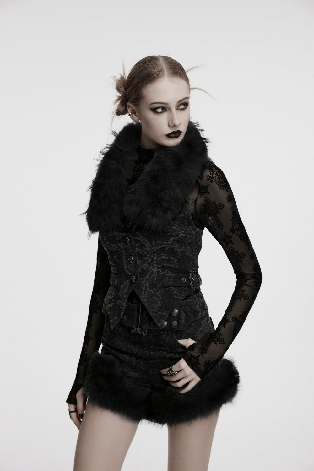 Gothic jacquard denim vest with detachable fur collar, halter neck, and antique bronze buttons, styled for alternative fashion.