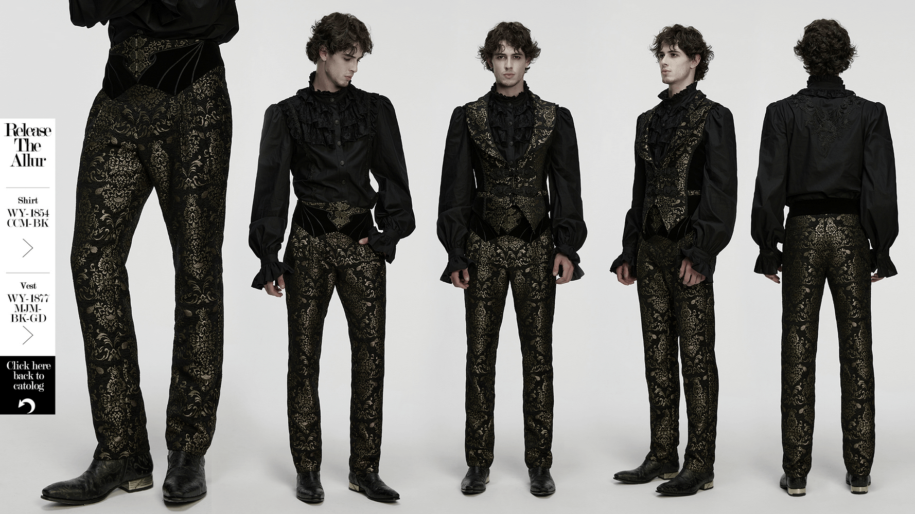 Gothic Jacquard Embroidered Black Pants with Gold Patterns modeled from different angles.