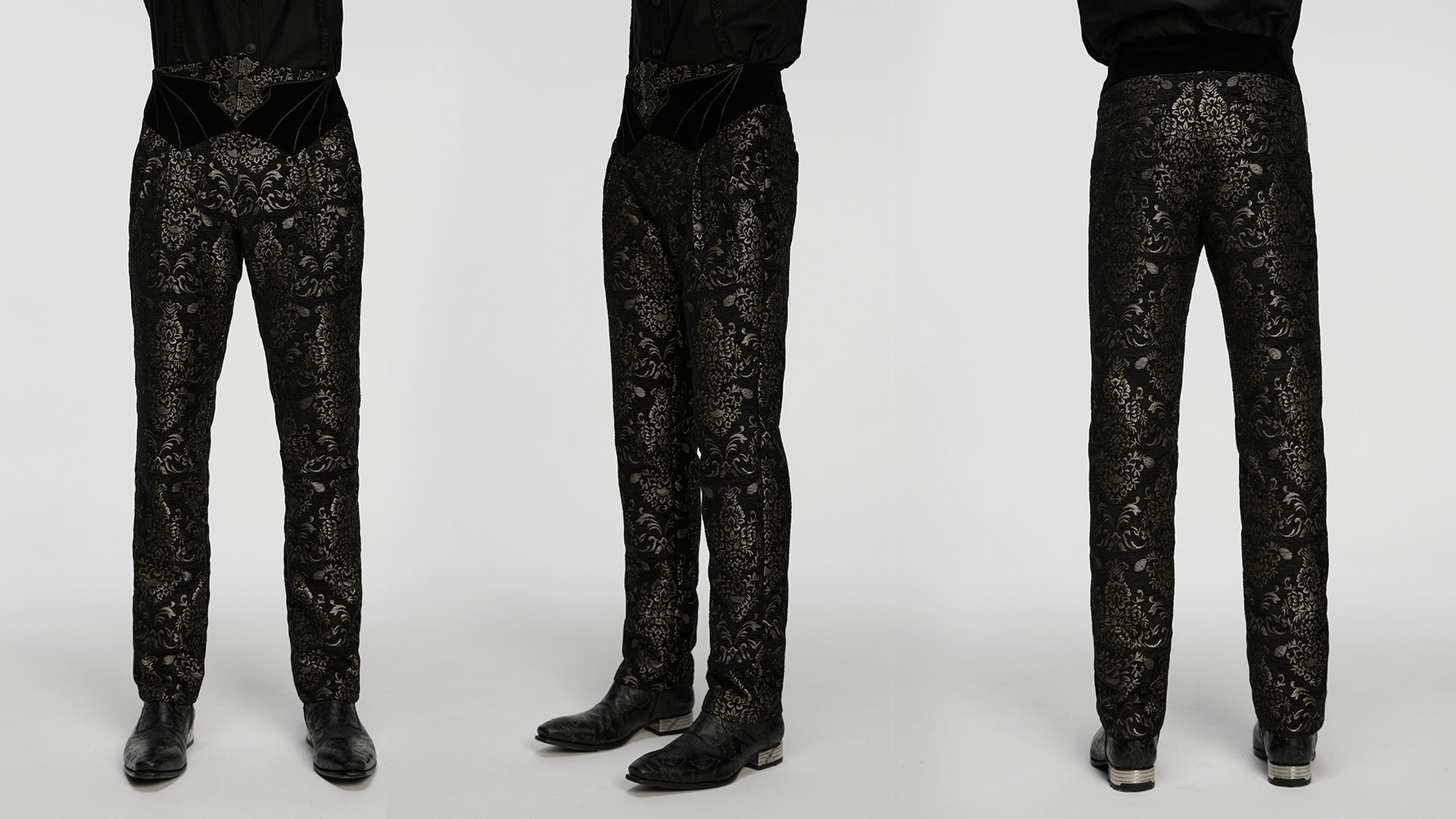 Gothic Jacquard Embroidered Black Pants with Gold Patterns showcasing intricate design and detailed metal buttons.