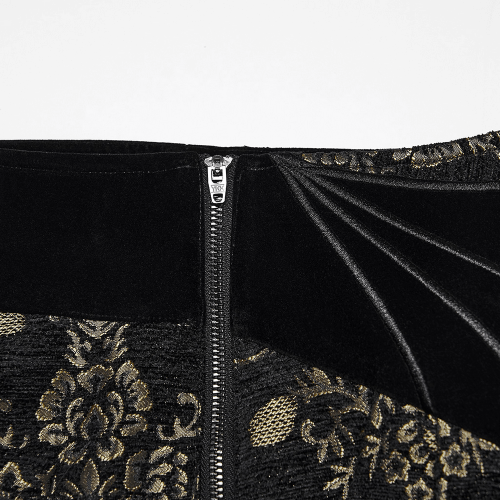 Gothic Jacquard Embroidered Black Pants with Gold Patterns close-up of zip and waistband detail.
