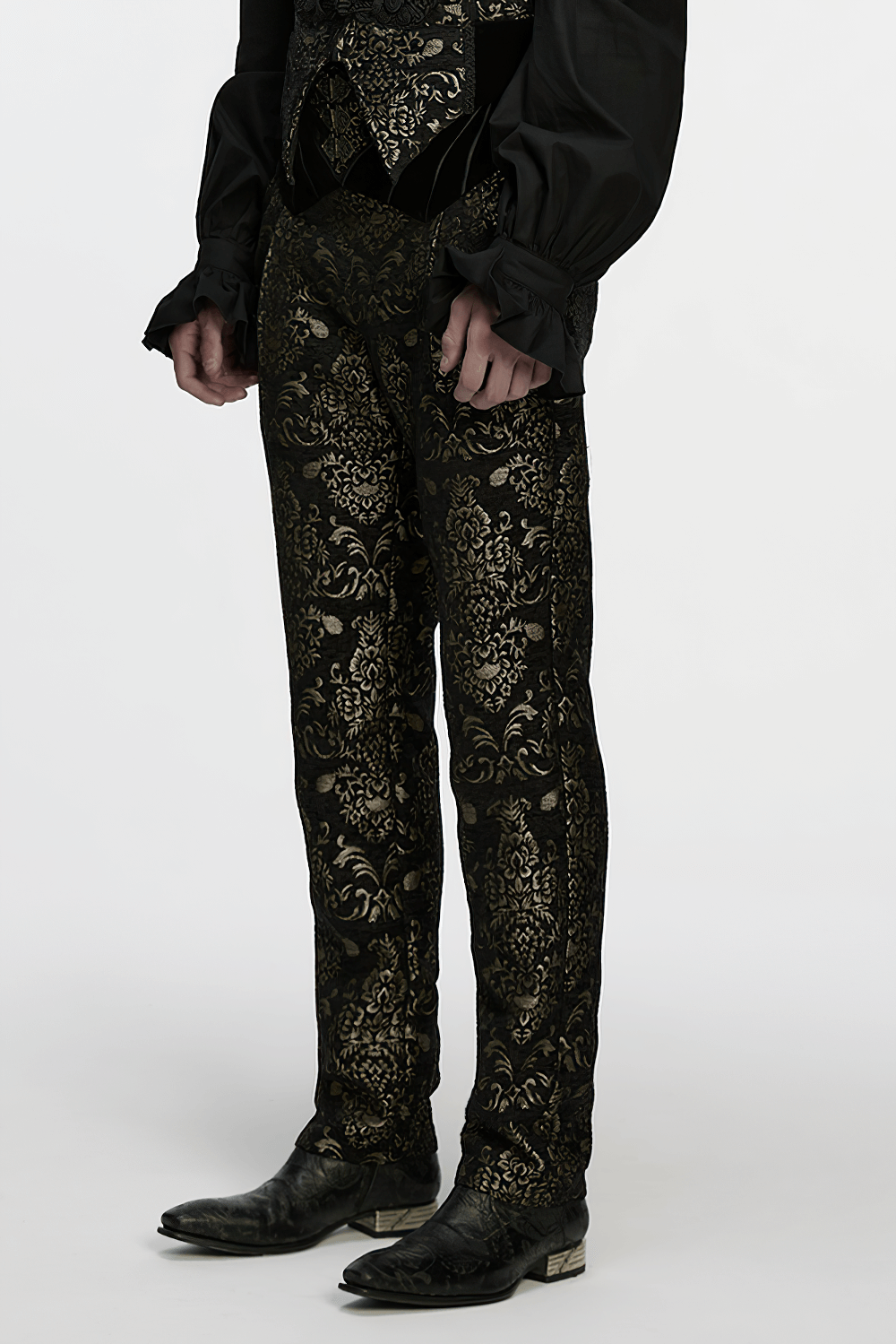 Gothic Jacquard Embroidered Black Pants with Gold Patterns showcasing intricate designs and metal buttons.