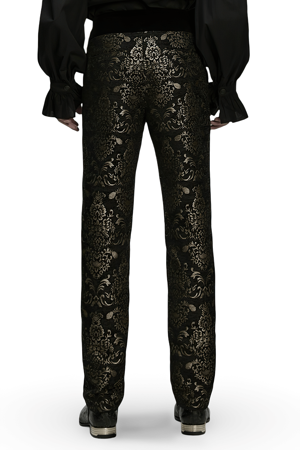 Gothic Jacquard Embroidered Black Pants with Gold Patterns displayed from the back, showcasing intricate designs.