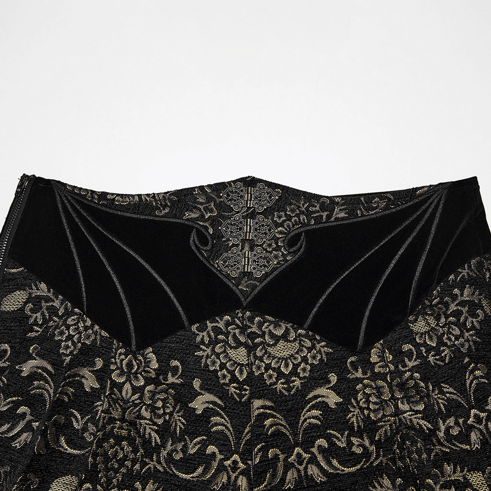 Gothic Jacquard Embroidered Black Pants with Gold Patterns featuring unique waistband design and metal buttons.
