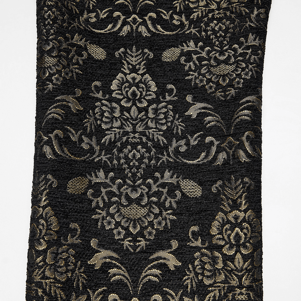 Gothic Jacquard Embroidered Black Pants with Gold Patterns fabric close-up showcasing intricate gold patterns.