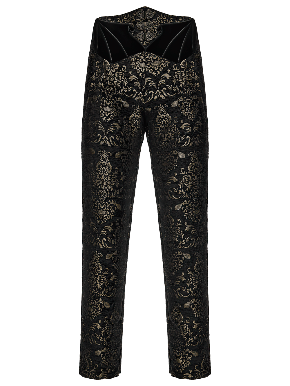 Gothic Jacquard Embroidered Black Pants with Gold Patterns featuring a unique palace pattern and decorative metal buttons.