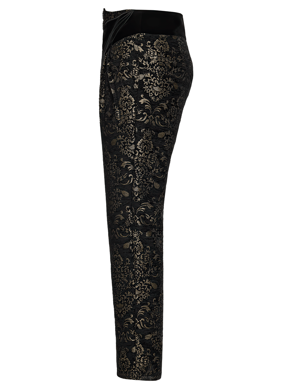 Gothic Jacquard Embroidered Black Pants with Gold Patterns side view showcasing exquisite design and texture.