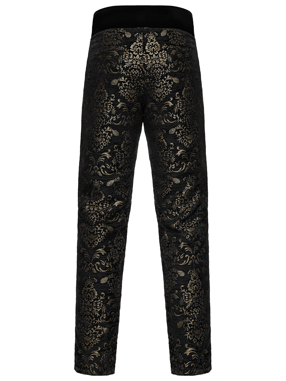 Gothic Jacquard Embroidered Black Pants with Gold Patterns showcasing intricate designs and metal buttons.