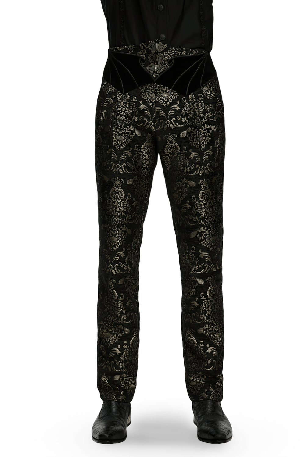 Gothic Jacquard Embroidered Black Pants with Gold Patterns featuring intricate designs and decorative metal buttons.