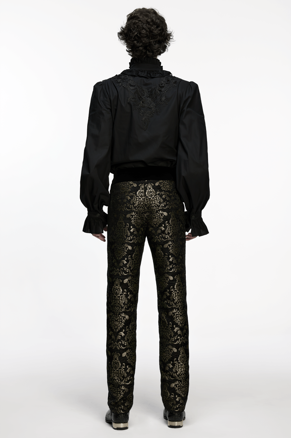 Gothic Jacquard Embroidered Black Pants with Gold Patterns worn by a model from behind, showcasing intricate embroidery and design.