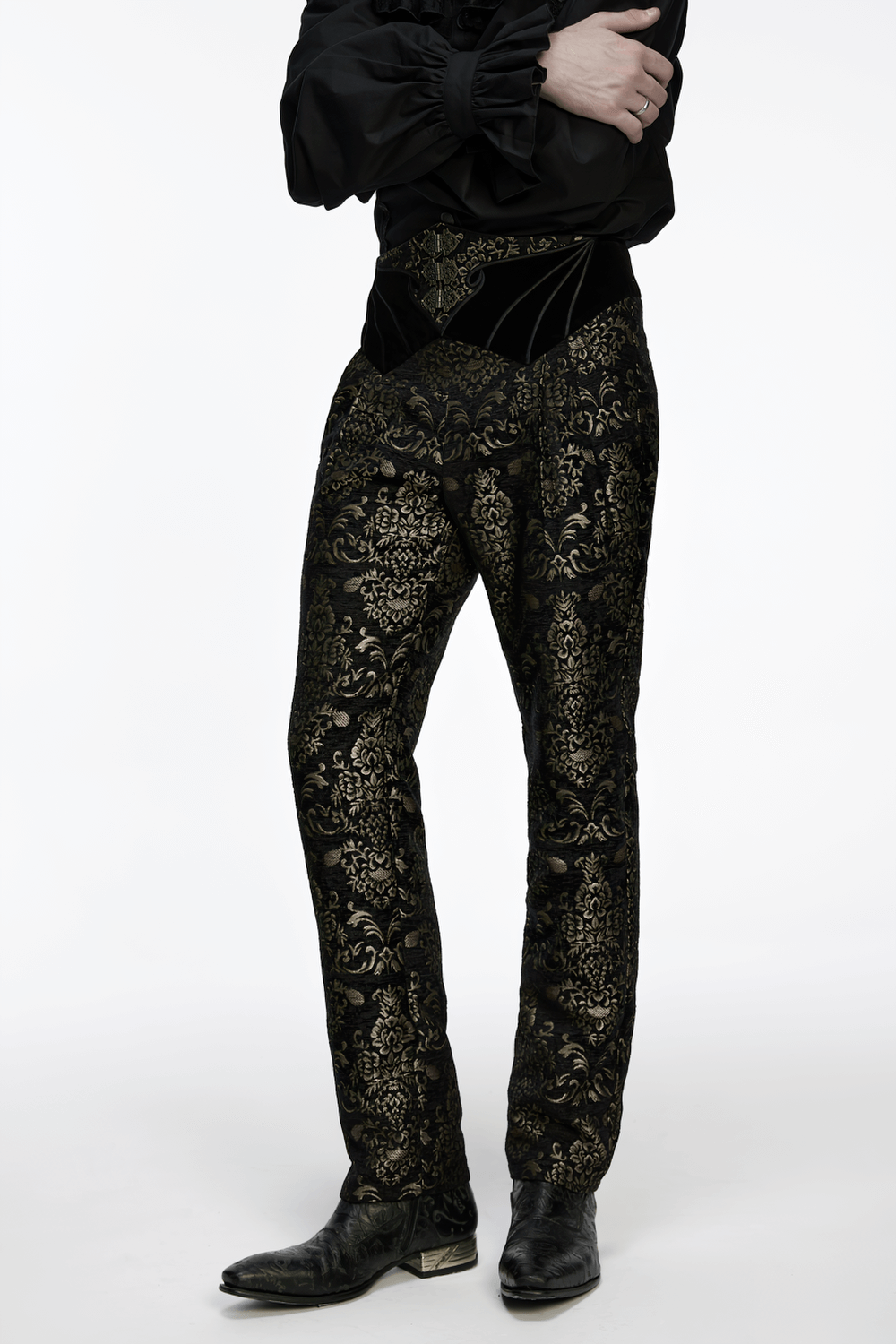 Gothic Jacquard Embroidered Black Pants with Gold Patterns worn by a model.