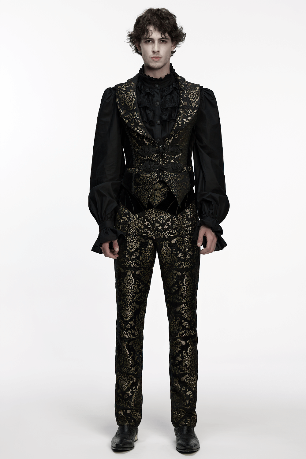 Gothic Jacquard Embroidered Black Pants with Gold Patterns worn by a model in a vintage-inspired outfit.