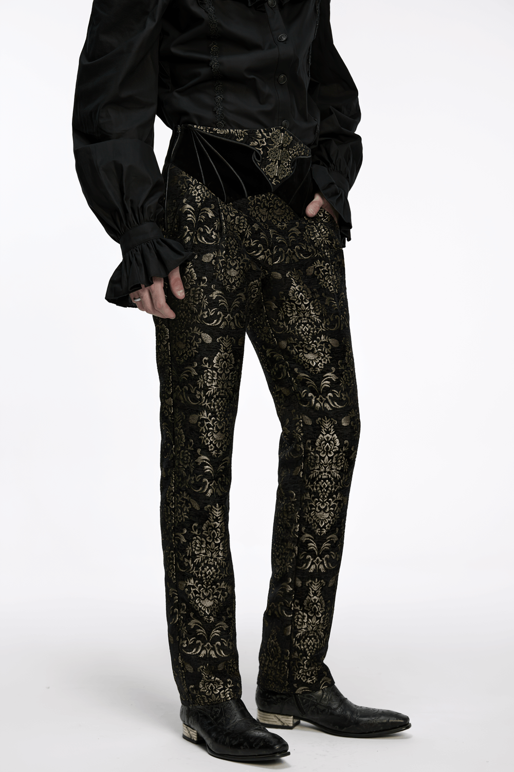Gothic Jacquard Embroidered Black Pants with Gold Patterns showcasing luxurious design and retro metal buttons.