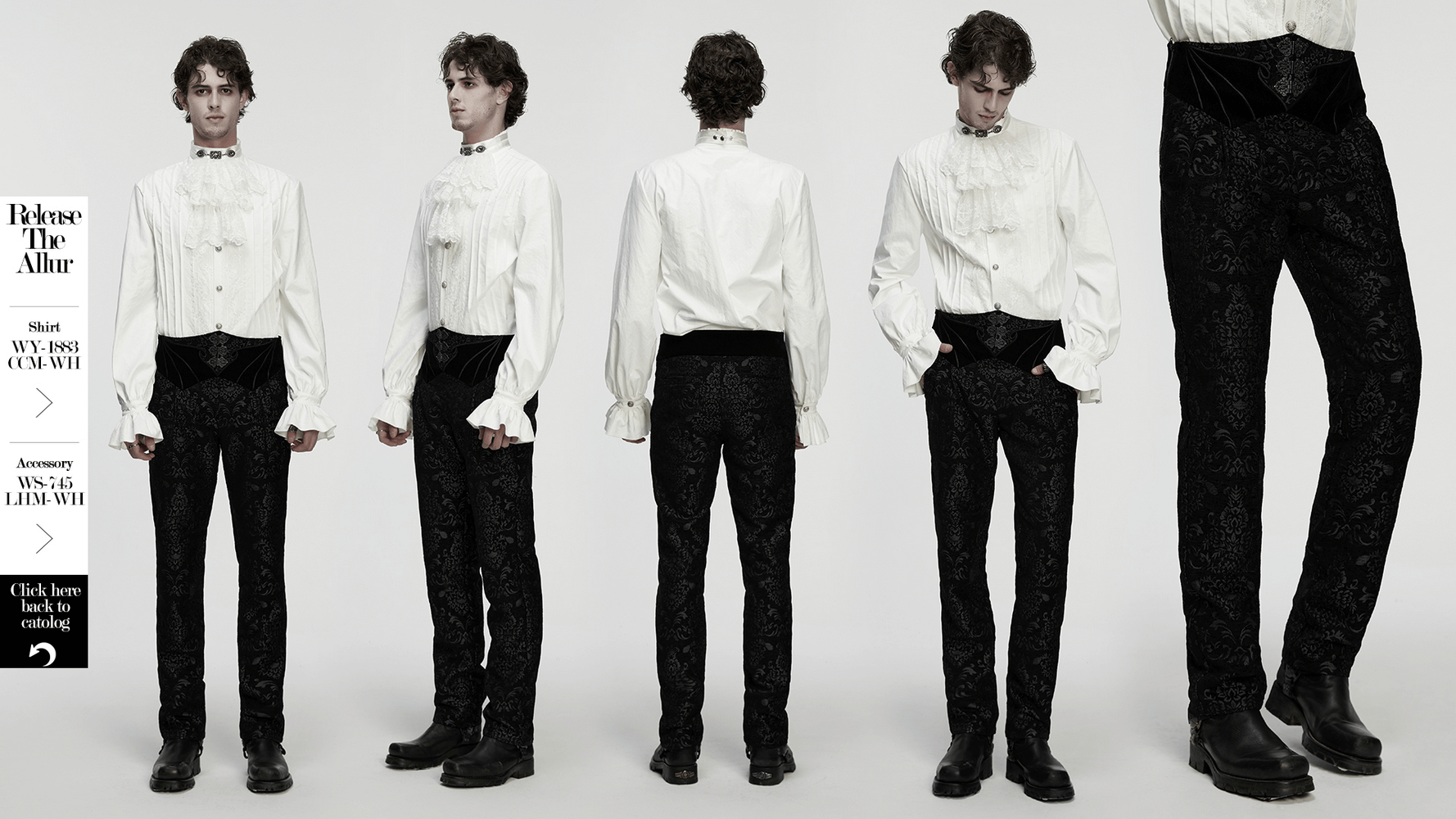 Gothic Jacquard Embroidered Pants with Metal Buttons showcased from multiple angles on a model.