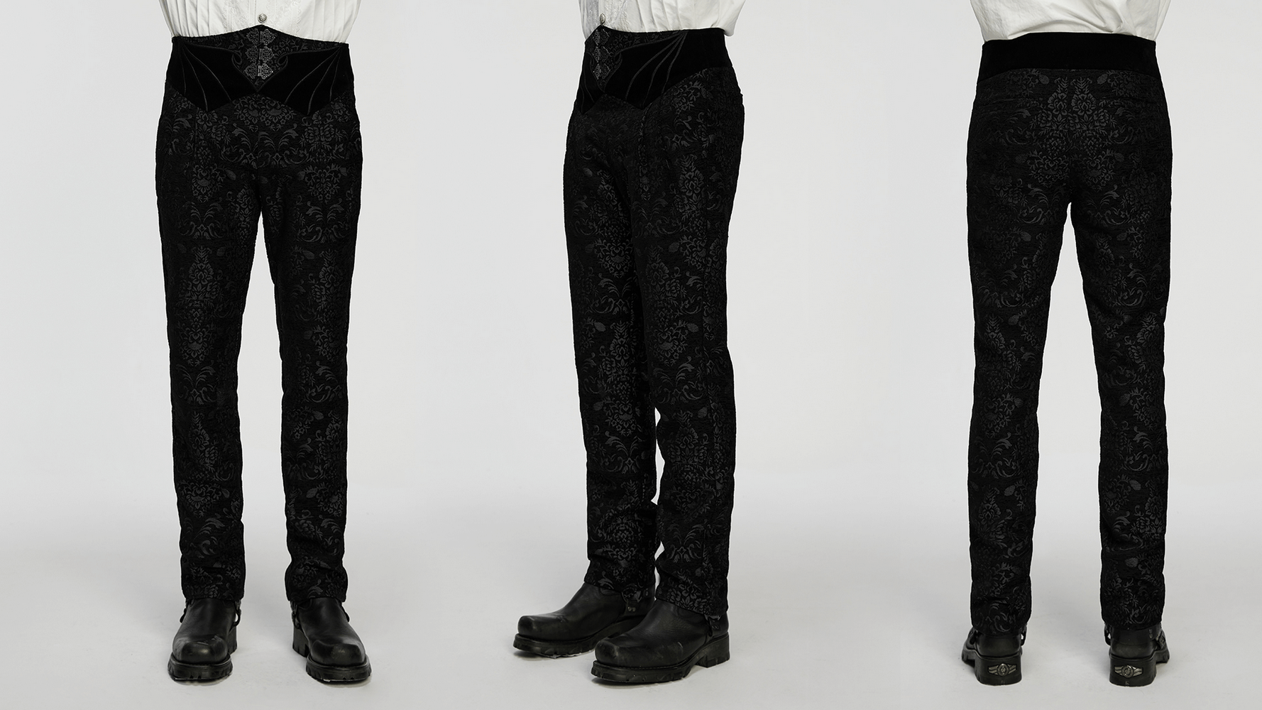 Gothic Jacquard Embroidered Pants with Metal Buttons showcasing unique palace pattern texture and retro metal buttons.