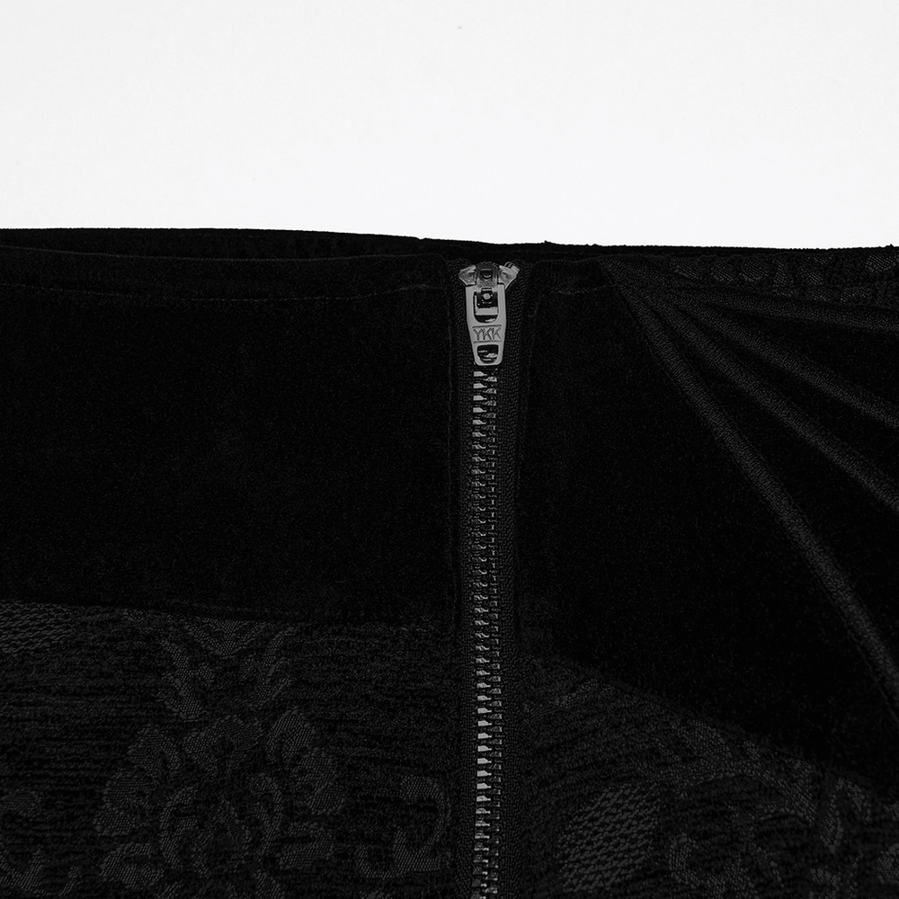 Gothic Jacquard Embroidered Pants with Metal Buttons close-up of zipper and elegant waistband design.