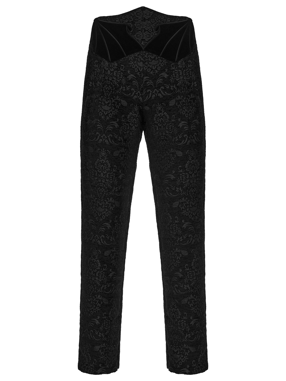 Gothic Jacquard Embroidered Pants with Metal Buttons showcasing intricate palace pattern and elegant velvet finish.