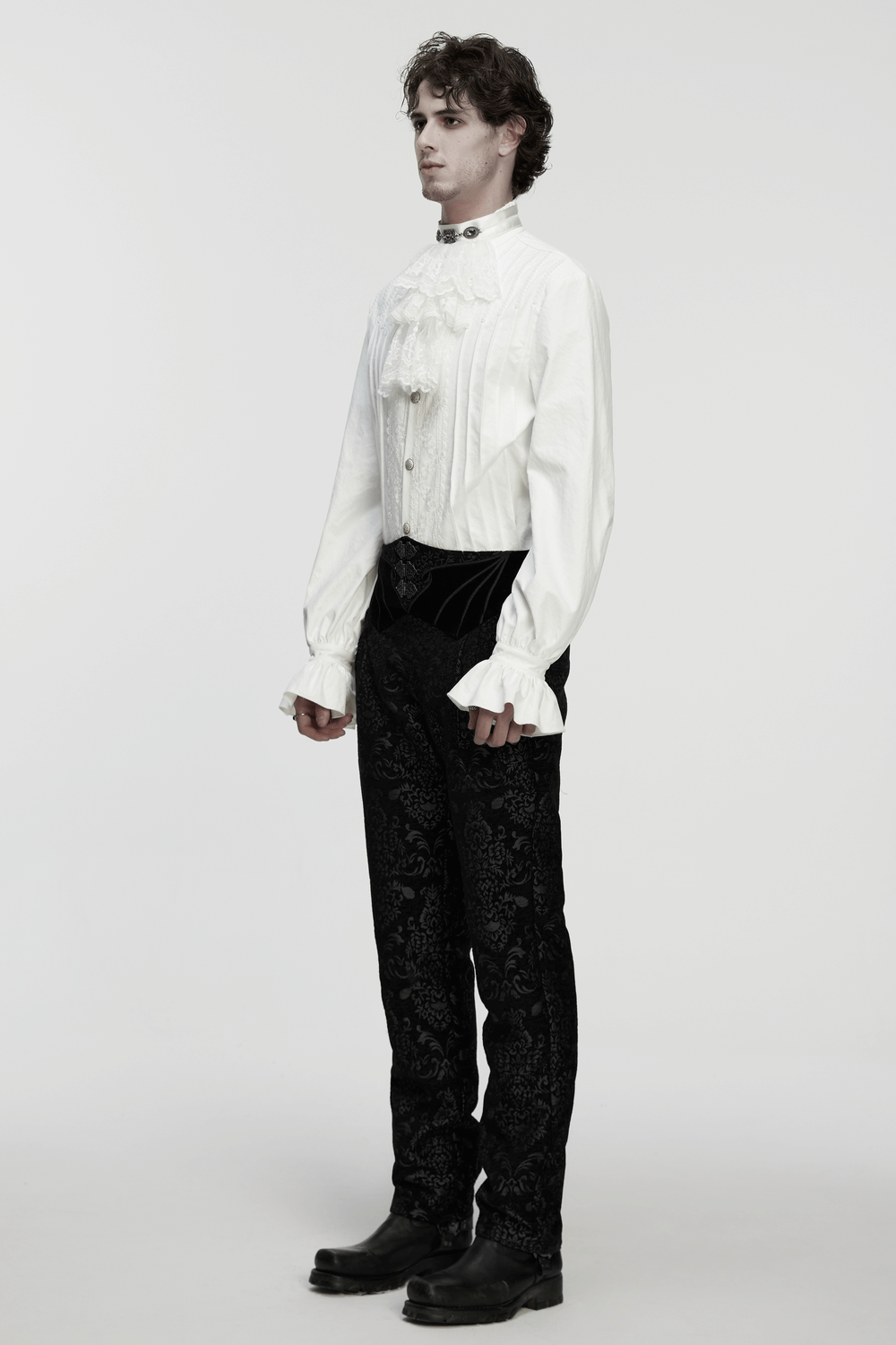 Gothic Jacquard Embroidered Pants with Metal Buttons worn by model in elegant ensemble.